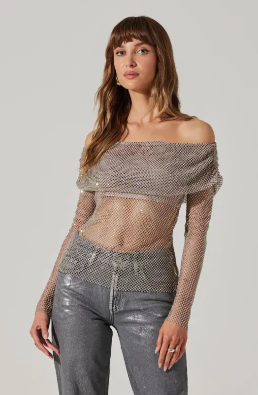 Diamante Rhinestone Mesh Off Shoulder Top sold by Astr