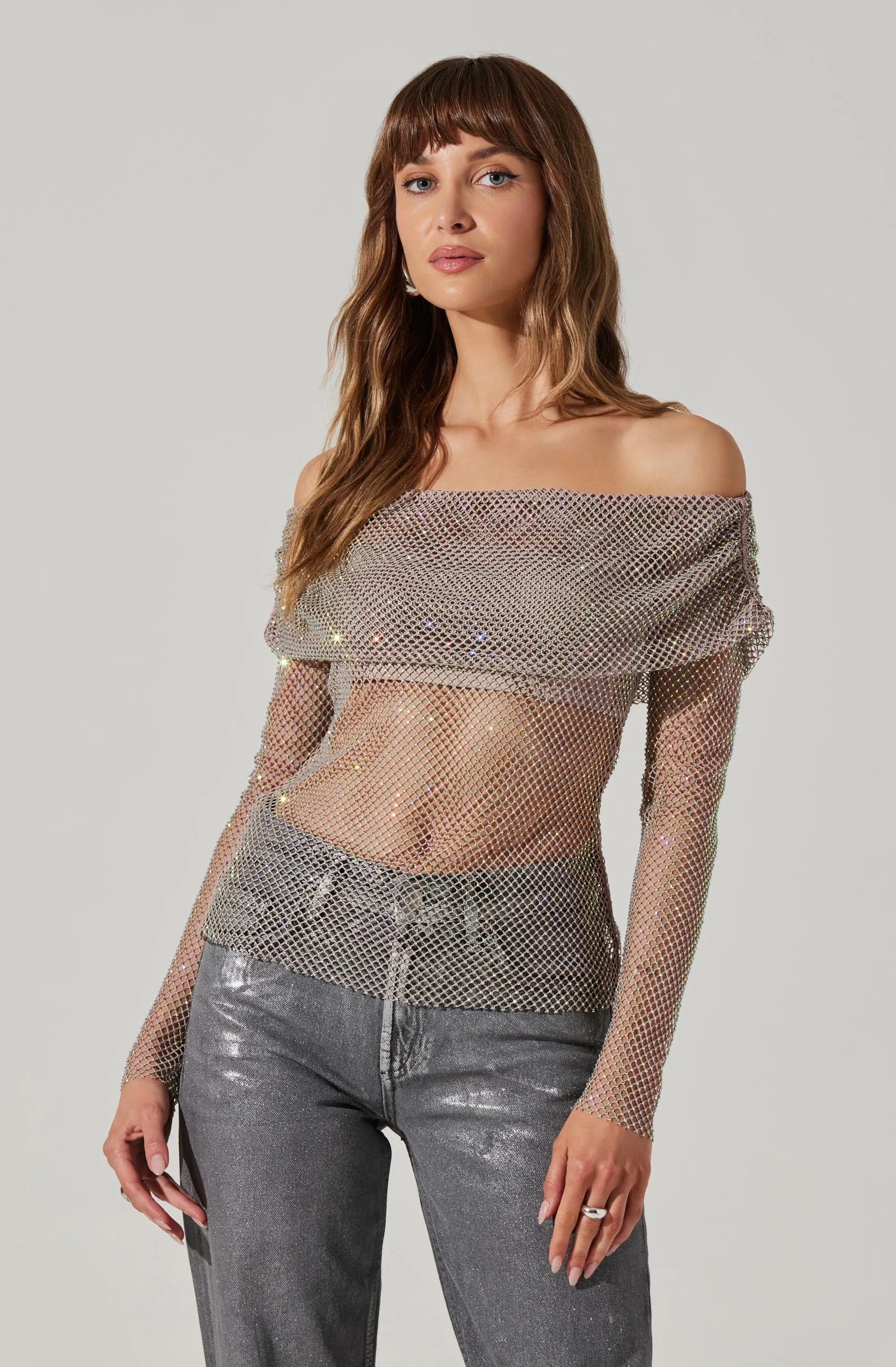 Diamante Rhinestone Mesh Off Shoulder Top sold by Astr