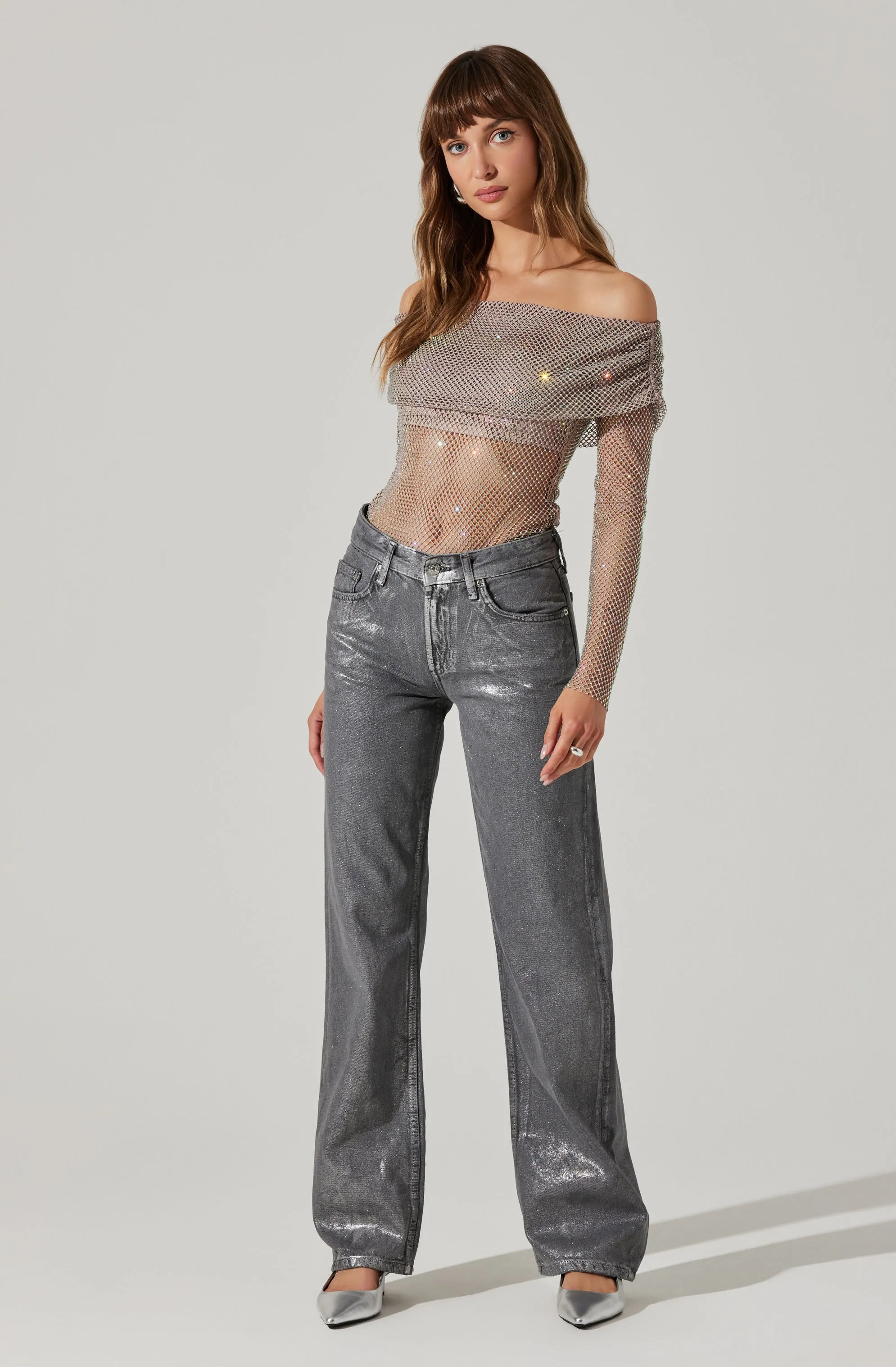 Diamante Rhinestone Mesh Off Shoulder Top sold by Astr product image thumbnail 2