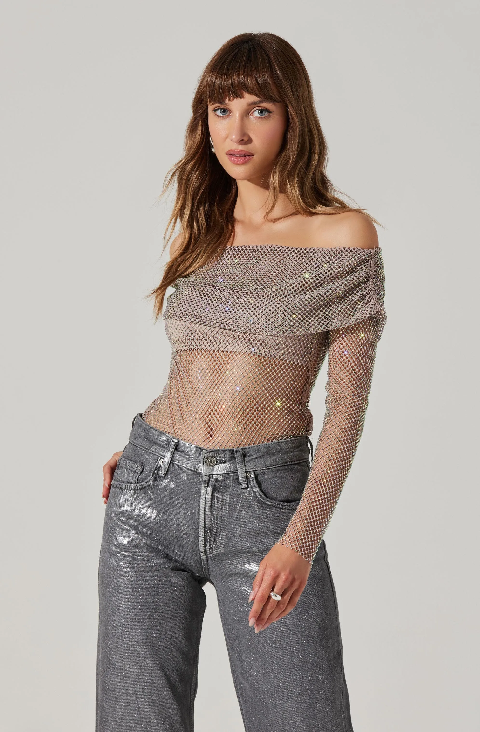 Diamante Rhinestone Mesh Off Shoulder Top sold by Astr product image thumbnail 3