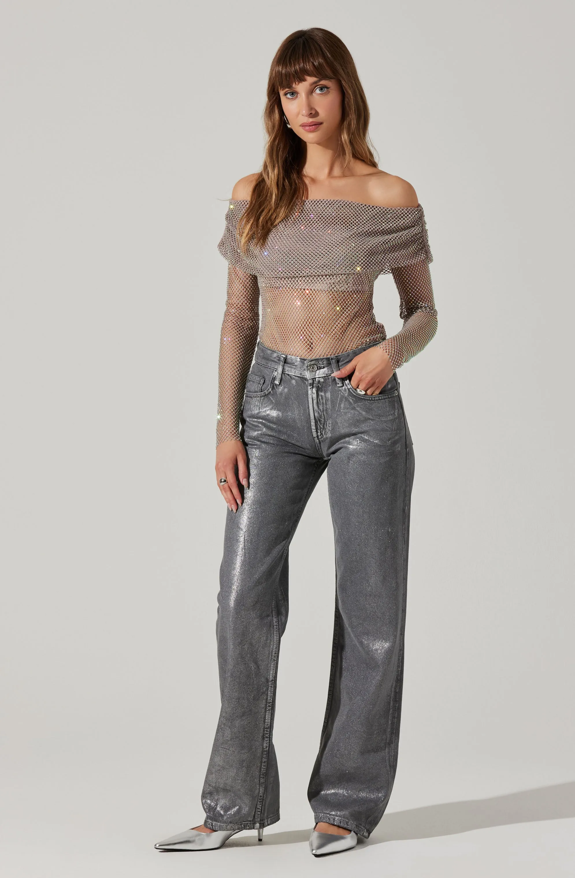 Diamante Rhinestone Mesh Off Shoulder Top sold by Astr product image thumbnail 4