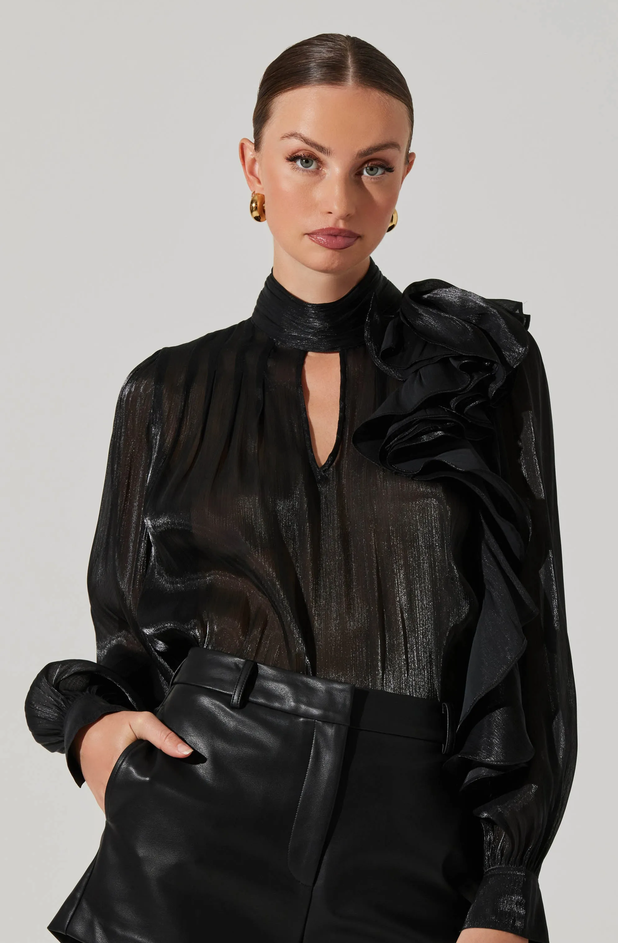 Seren Shimmer Ruffle Detail Top sold by Astr