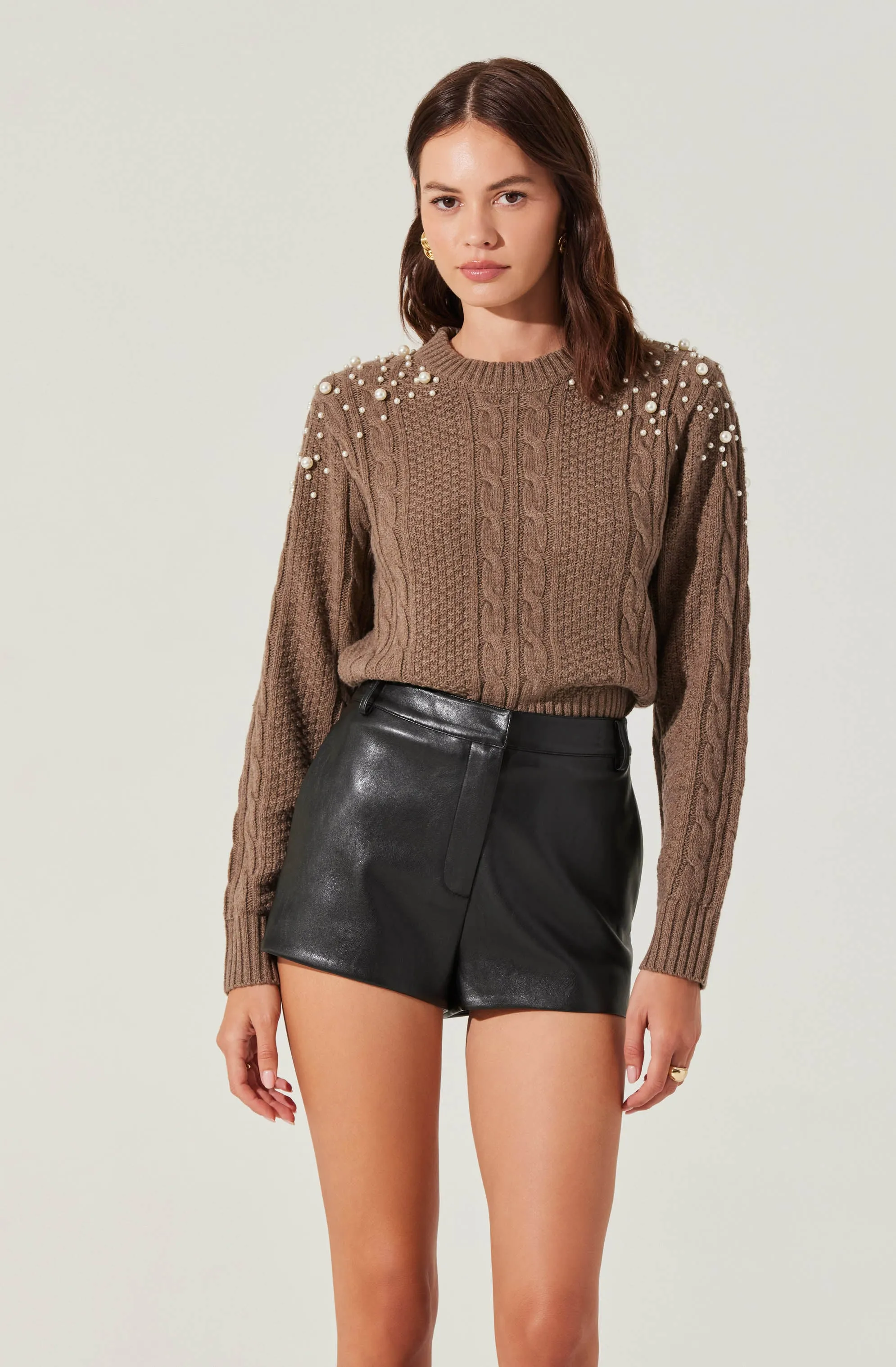 Pearl Embellished Cable Knit Sweater sold by Astr