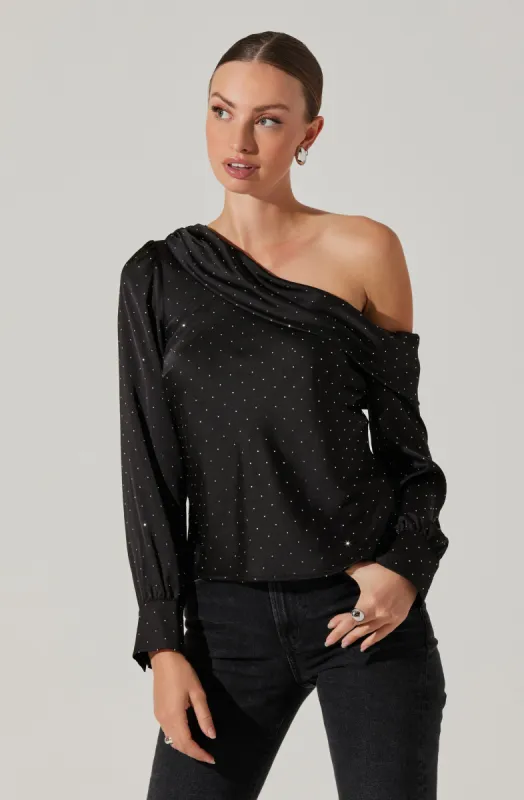 Ellen Satin Rhinestone One Shoulder Top sold by Astr