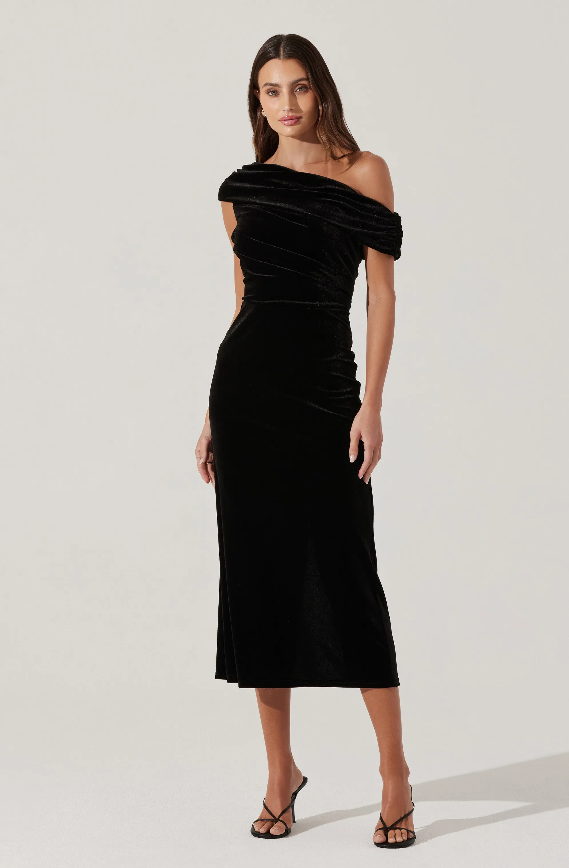 Velvet Off Shoulder Midi Dress sold by Astr