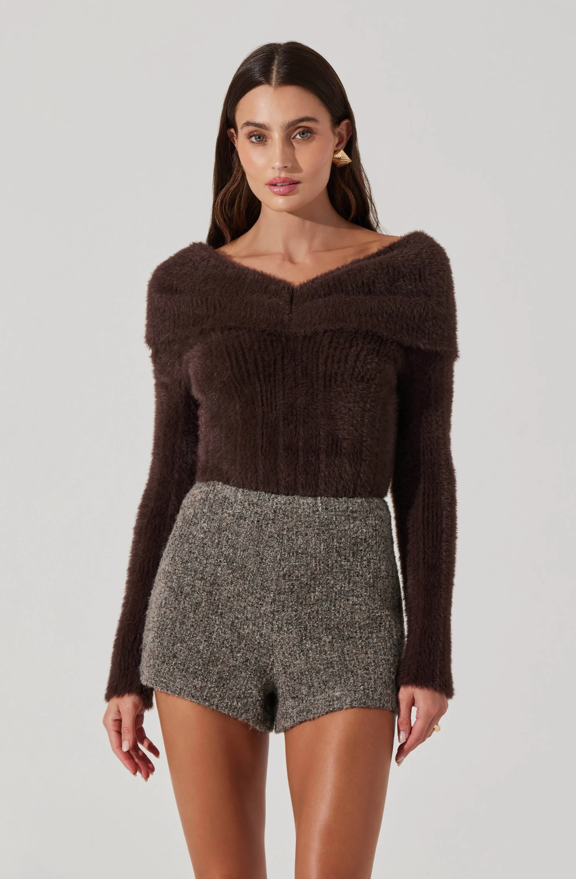 Fuzzy Knit Off Shoulder Sweater sold by Astr