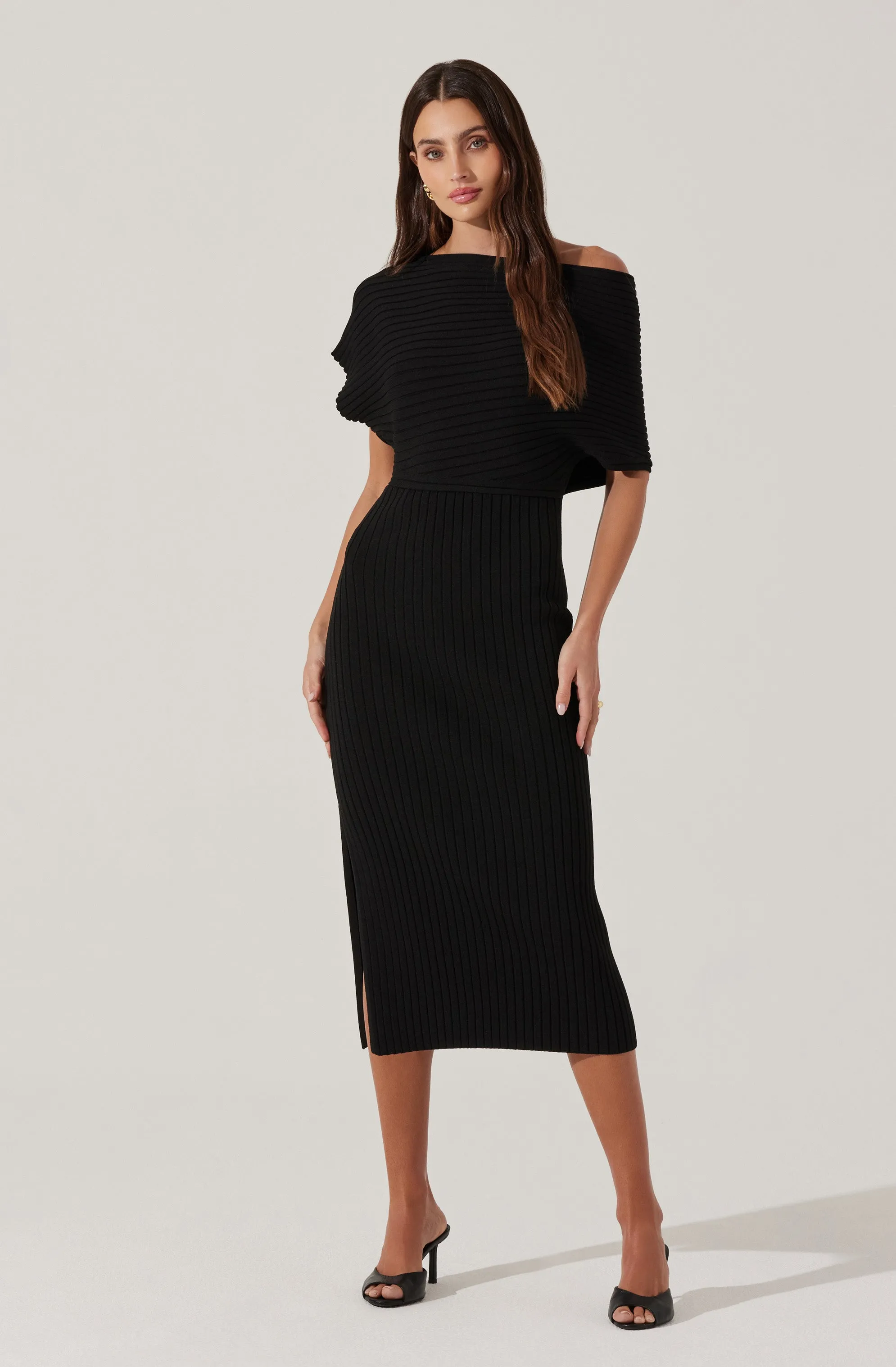 Off Shoulder Ribbed Midi Sweater Dress sold by Astr