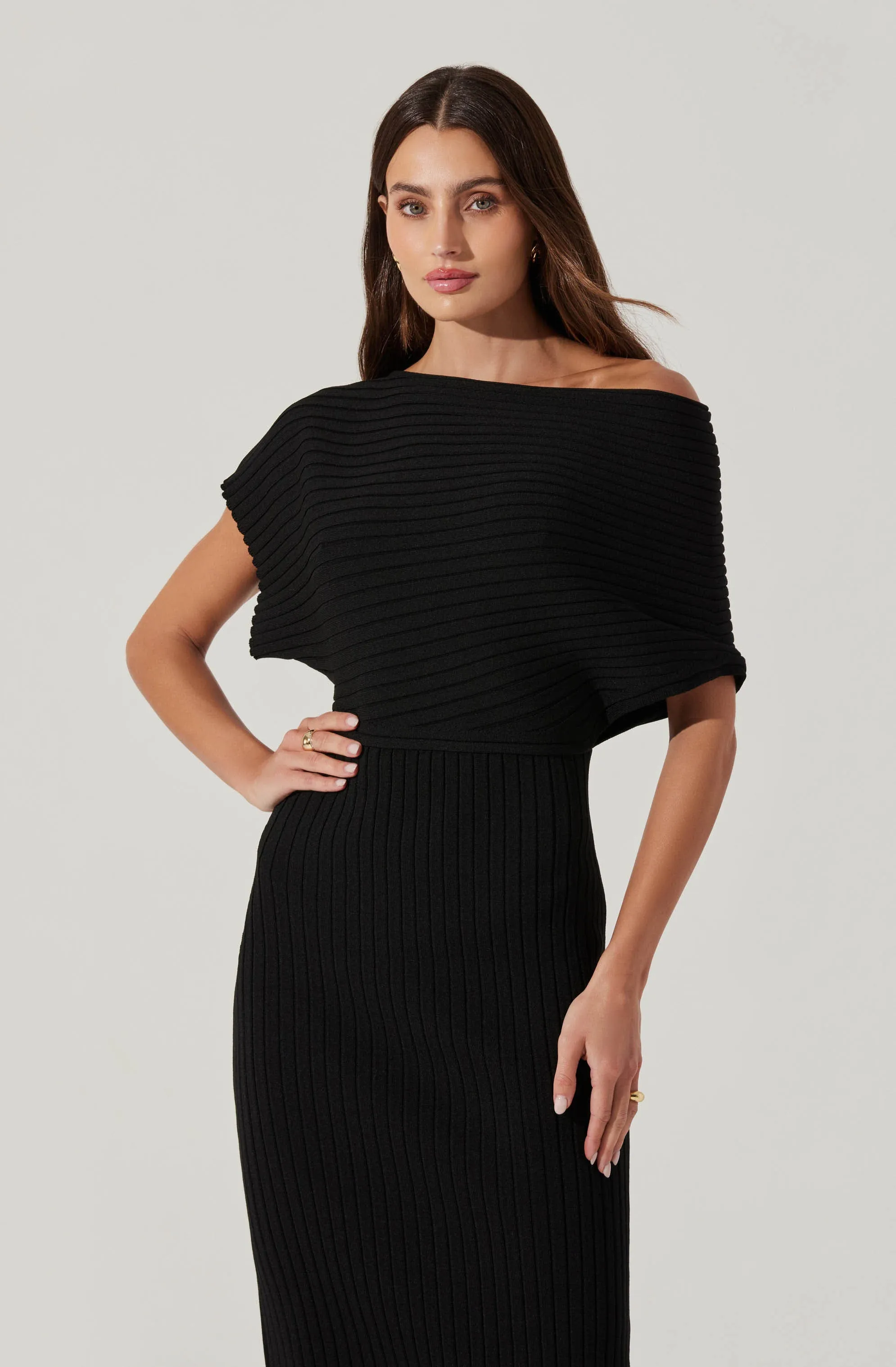 Off Shoulder Ribbed Midi Sweater Dress sold by Astr product image thumbnail 4