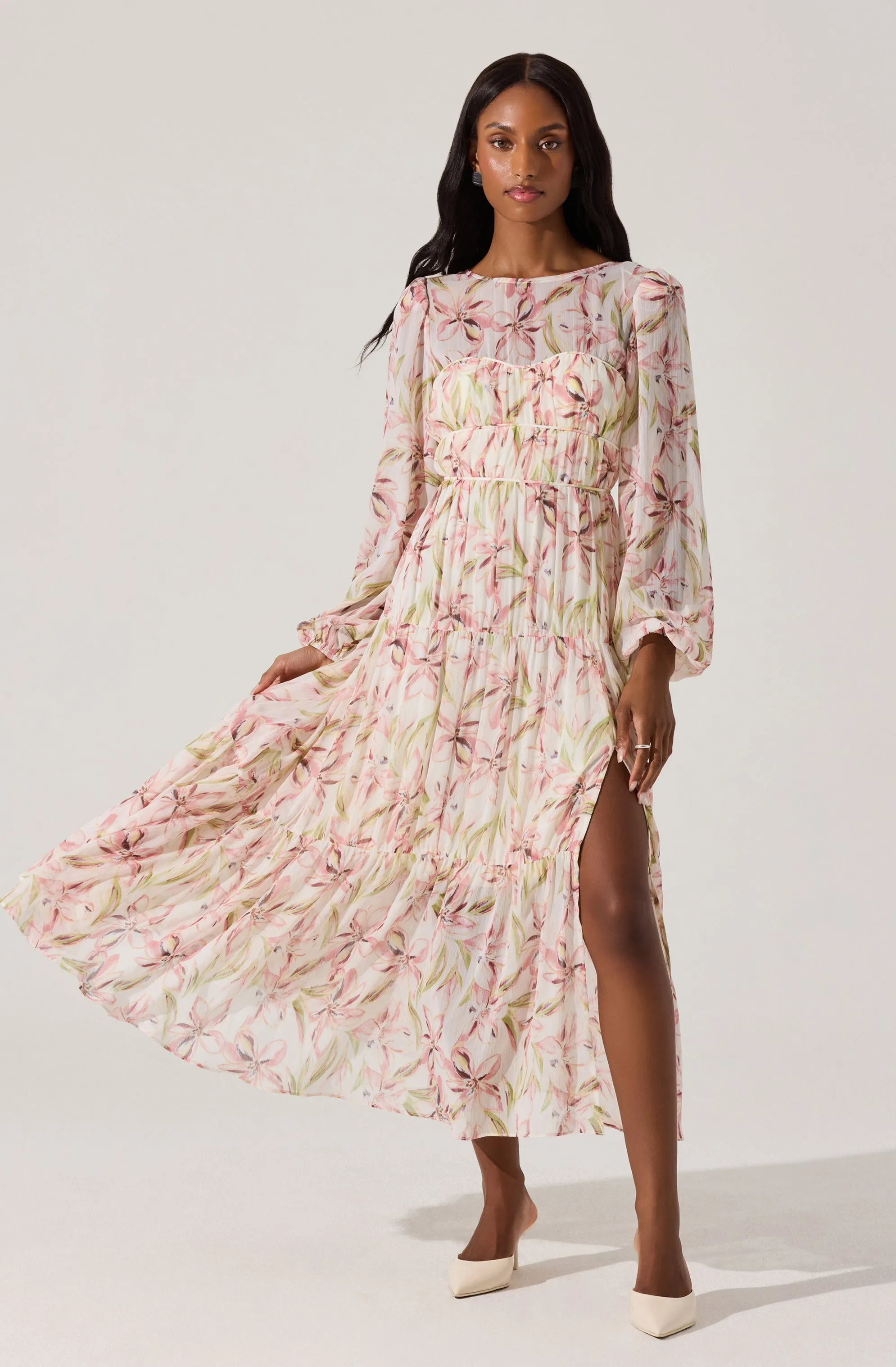 Pleated Chiffon Floral Midi Dress sold by Astr