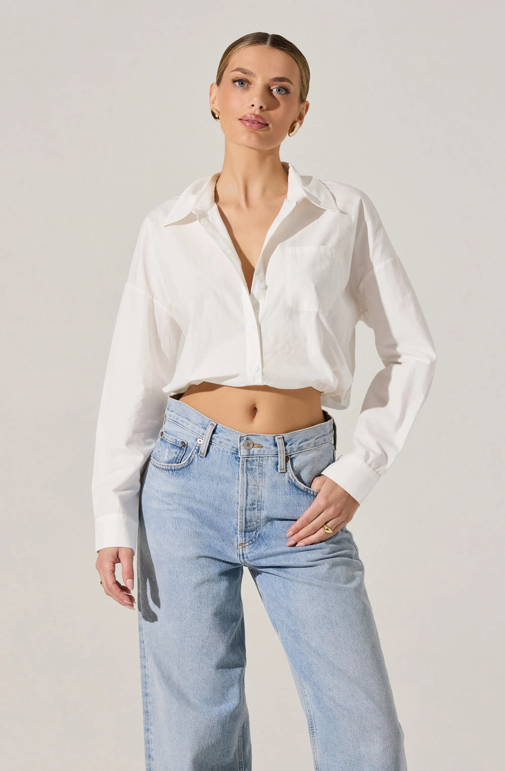 Bubble Hem Cropped Poplin Shirt sold by Astr