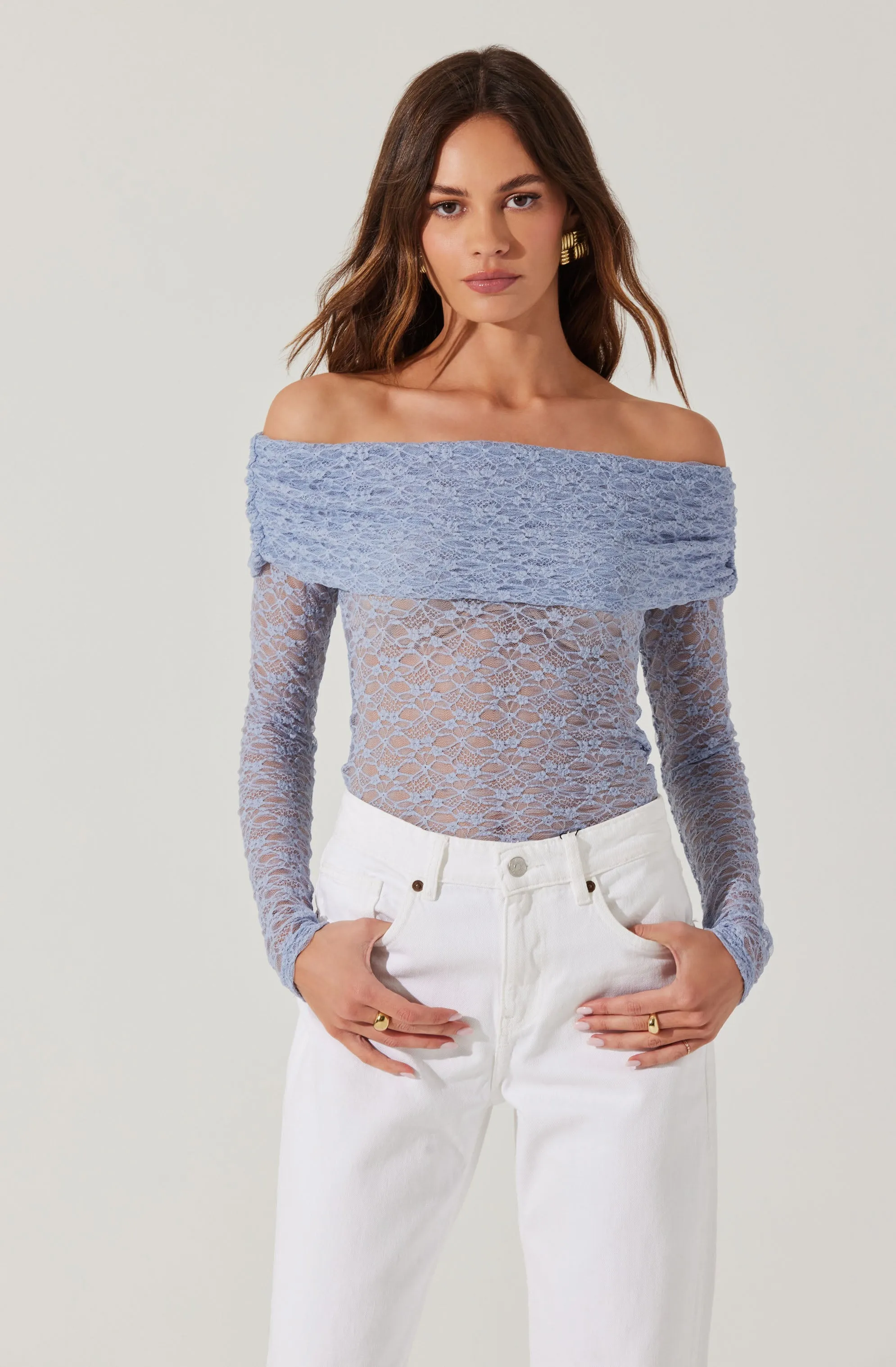 Diamante Lace Off Shoulder Top sold by Astr