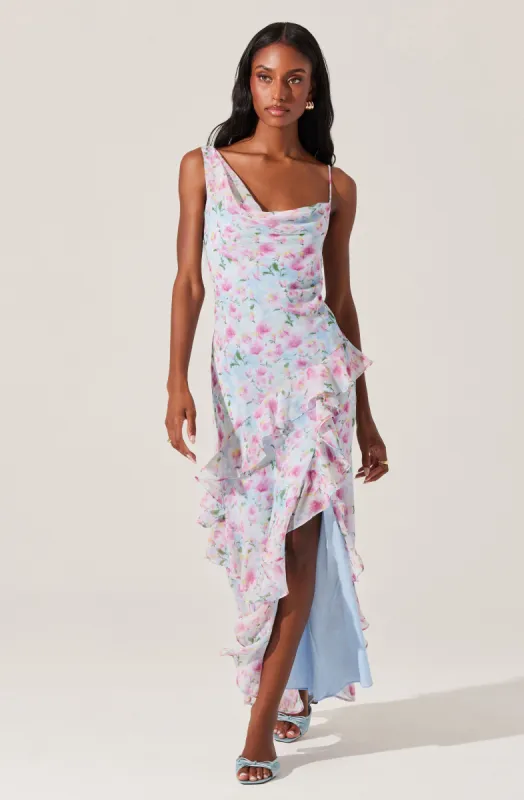 Levina Asymmetric Floral Ruffle Maxi Dress made by Astr