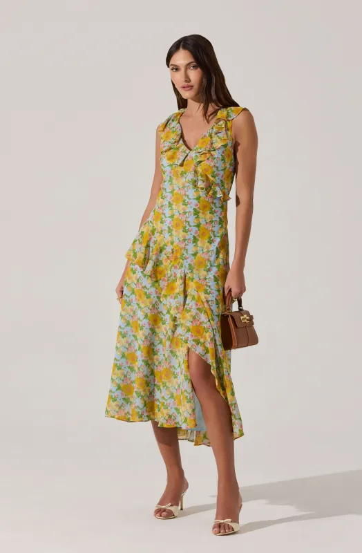 V-neck Floral Ruffle Midi Dress sold by Astr