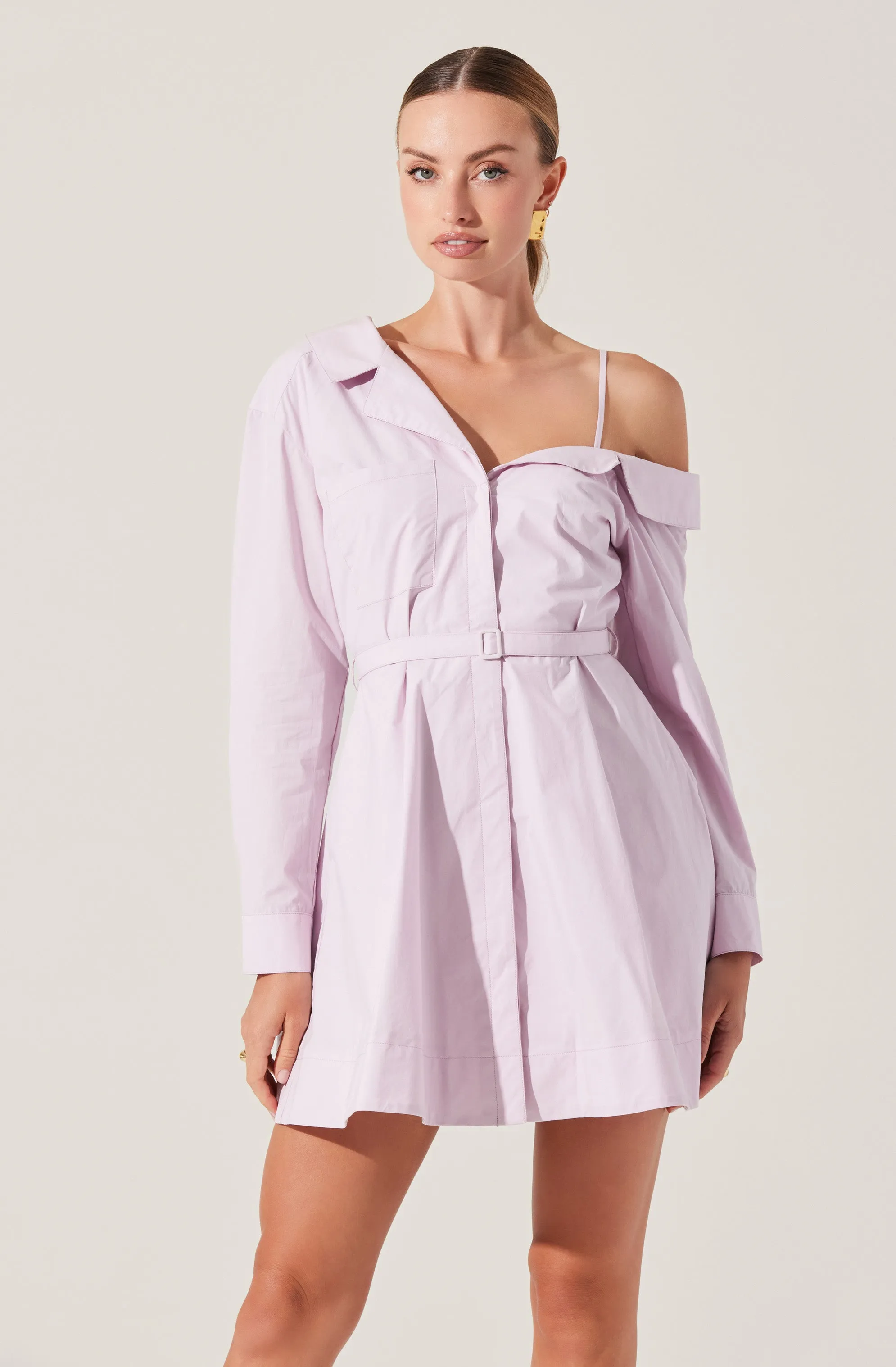 Aveni Off Shoulder Mini Shirt Dress sold by Astr