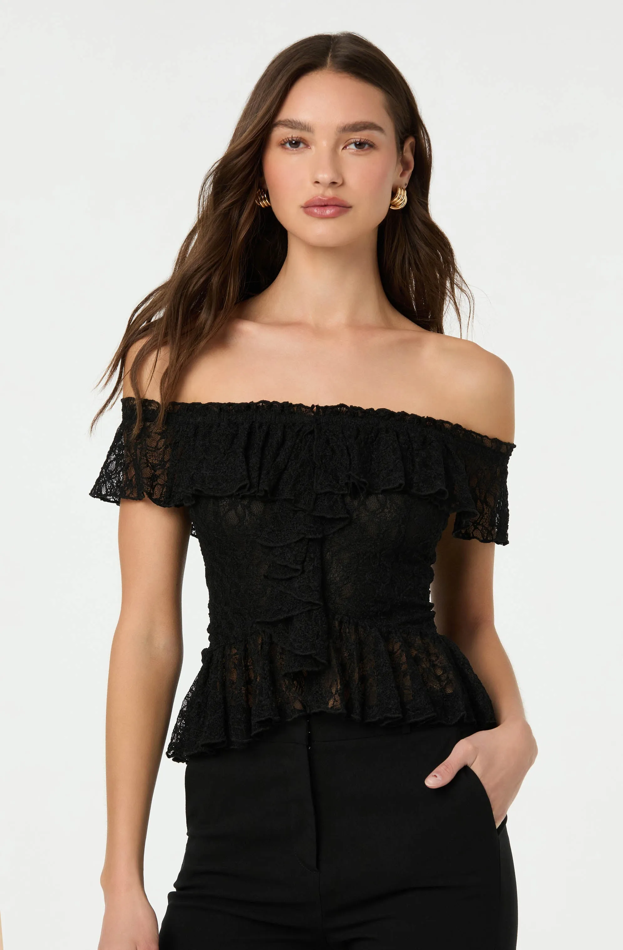 Lace Off Shoulder Ruffle Top sold by Astr