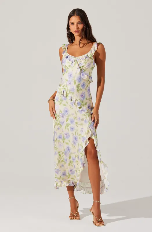 Rosalina Satin Ruffle Midi Dress sold by Astr