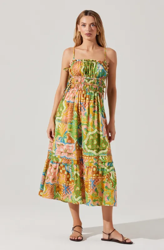 Elisabeth Printed Shirred Midi Dress sold by Astr