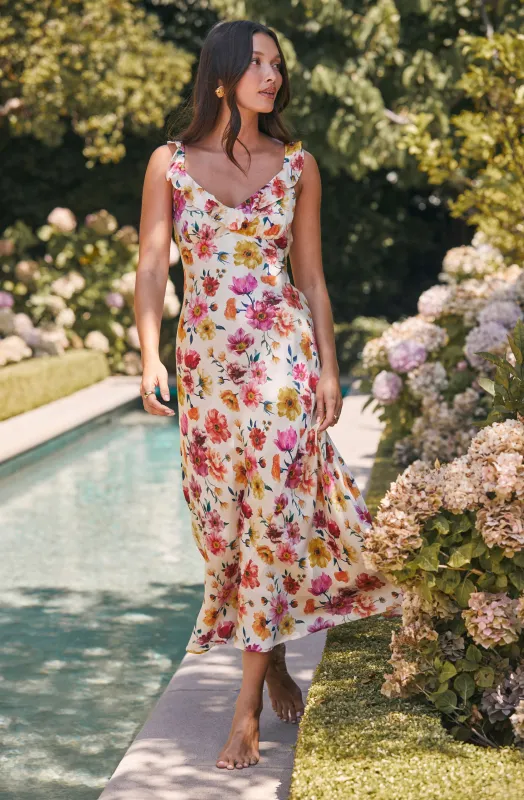 Zoie Floral Satin Ruffle Dress sold by Astr