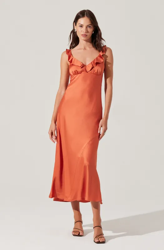 Zoie Satin Ruffle Midi Dress sold by Astr