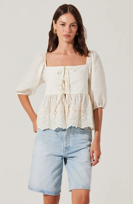 Ezmae Embroidered Tie-Front Top sold by Astr