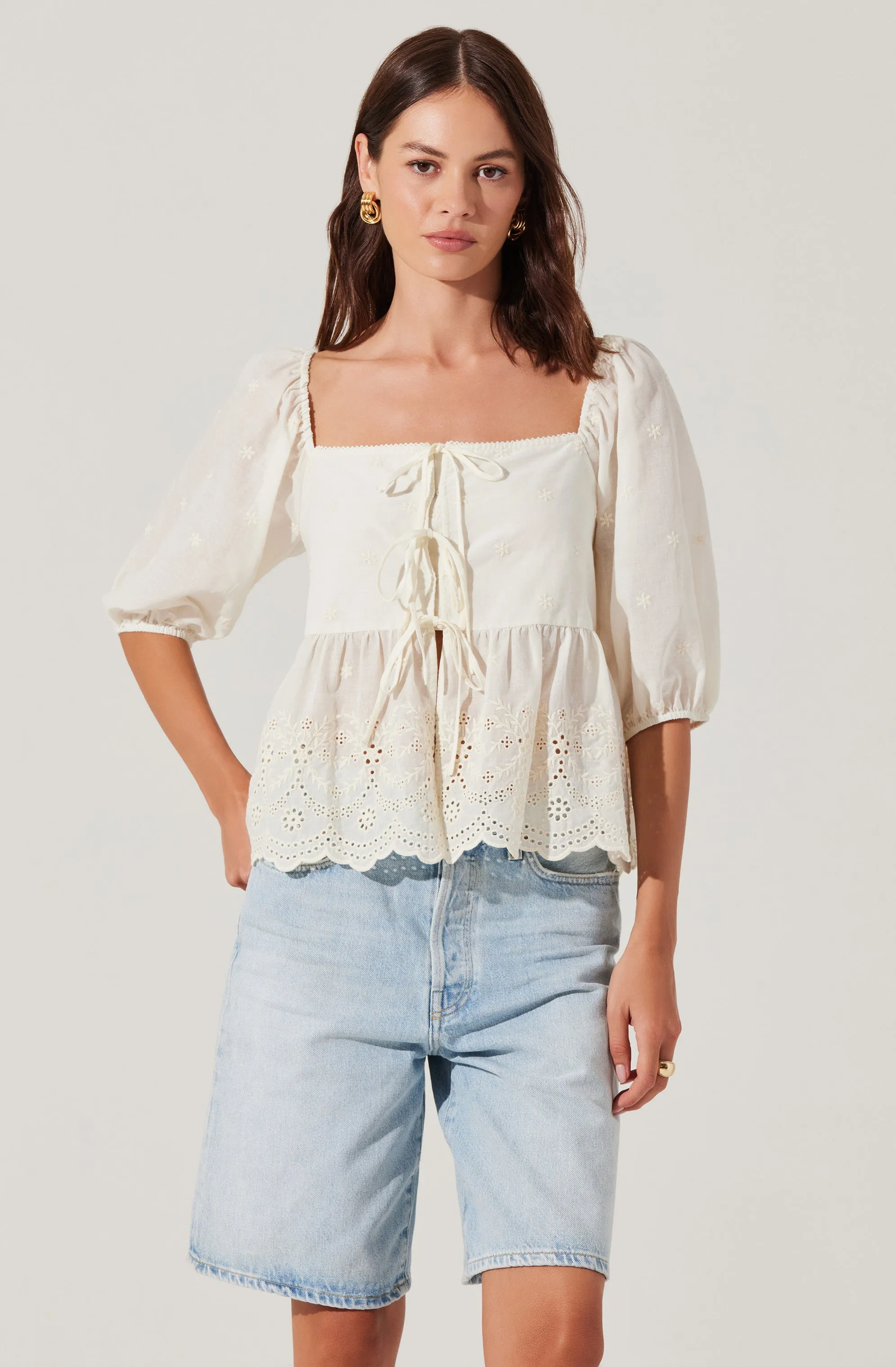 Ezmae Embroidered Tie-Front Top sold by Astr