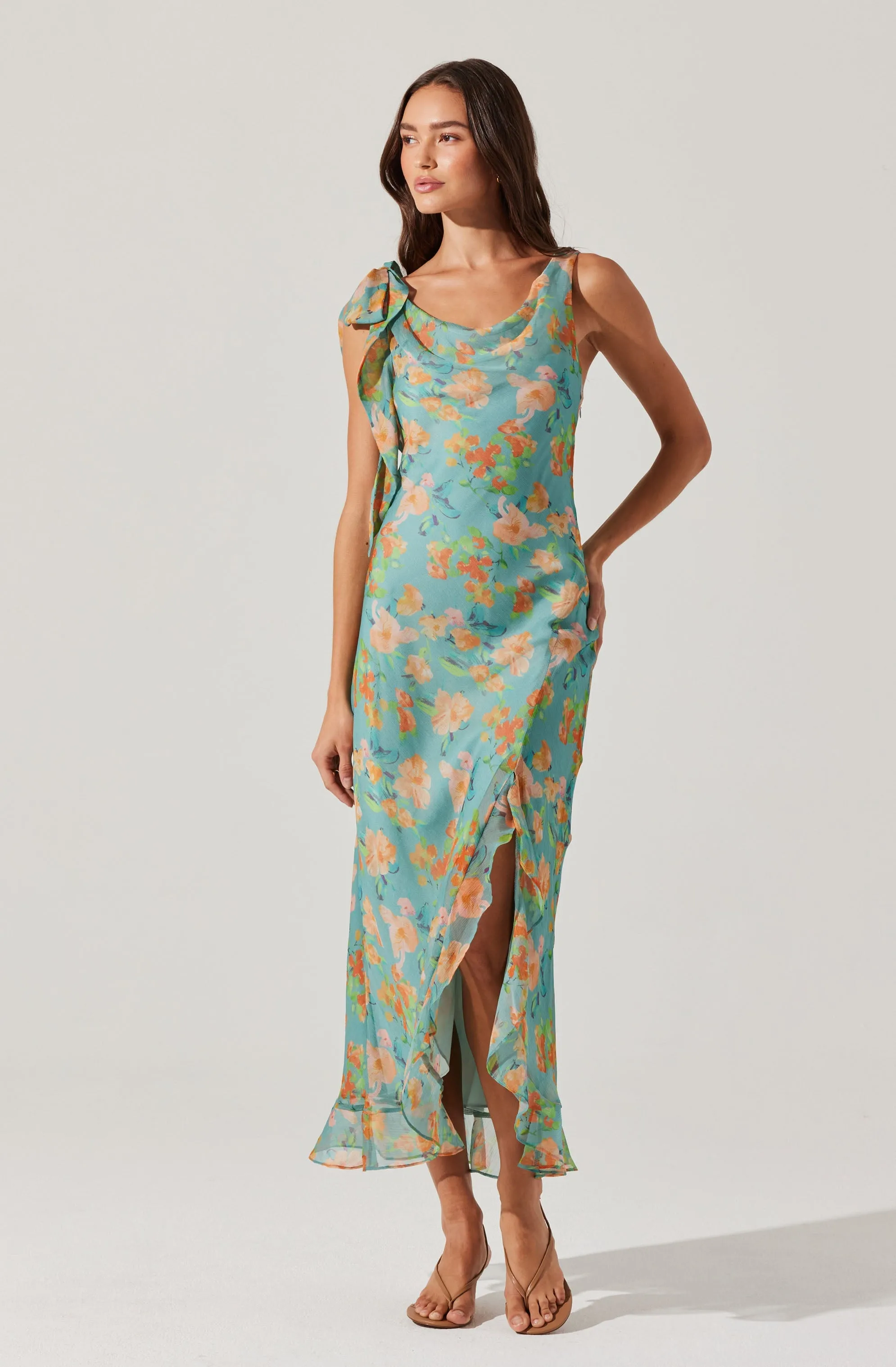 Isabelle Ruffled Cowl Neck Floral Midi Dress sold by Astr