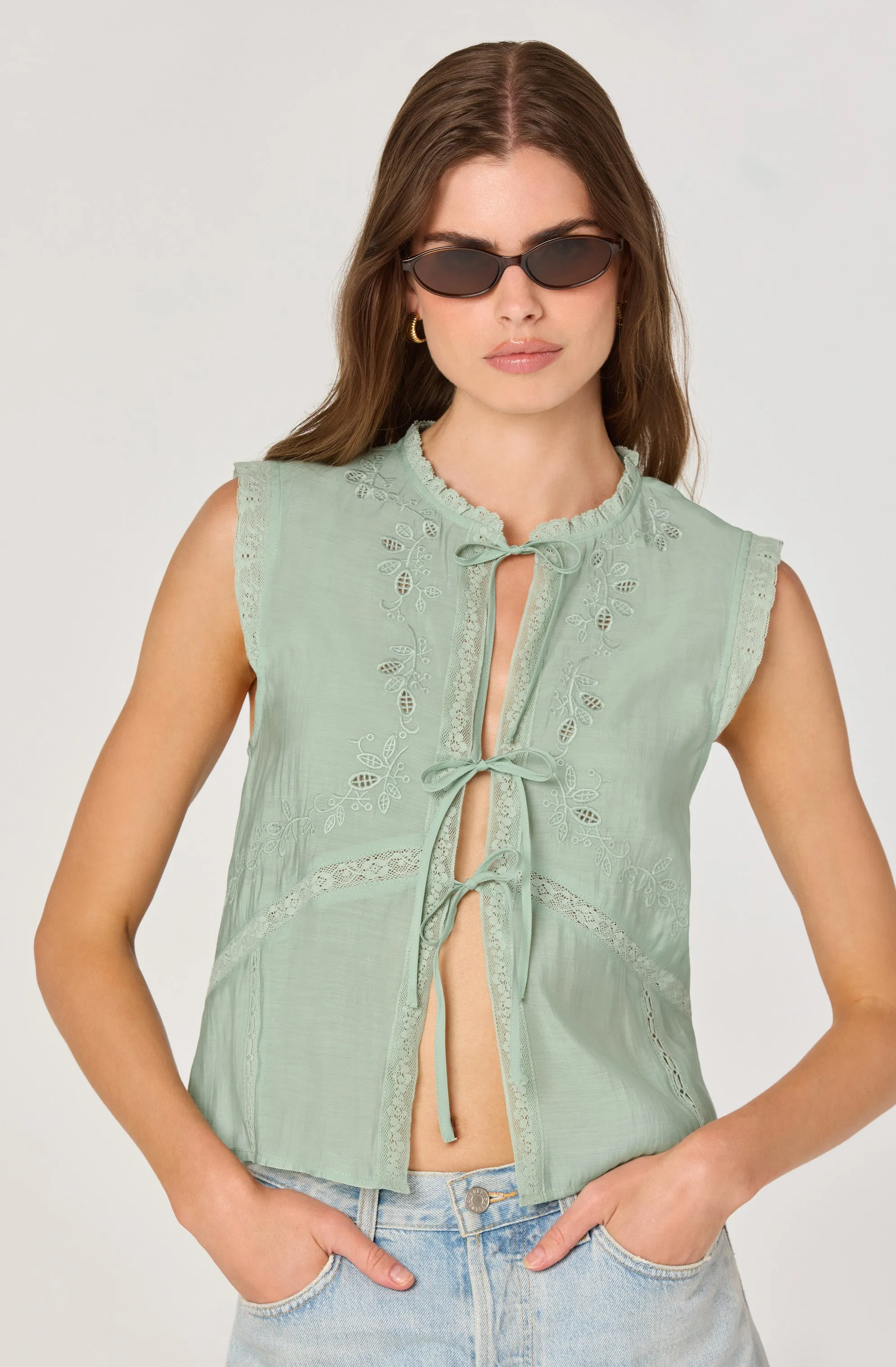 Lace Trim Tie-Front Top sold by Astr