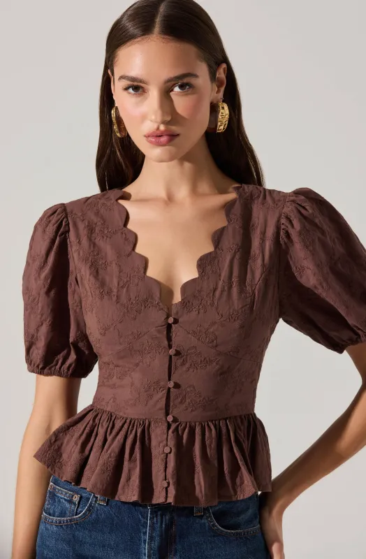 Arely Scalloped V-Neck Peplum Top sold by Astr