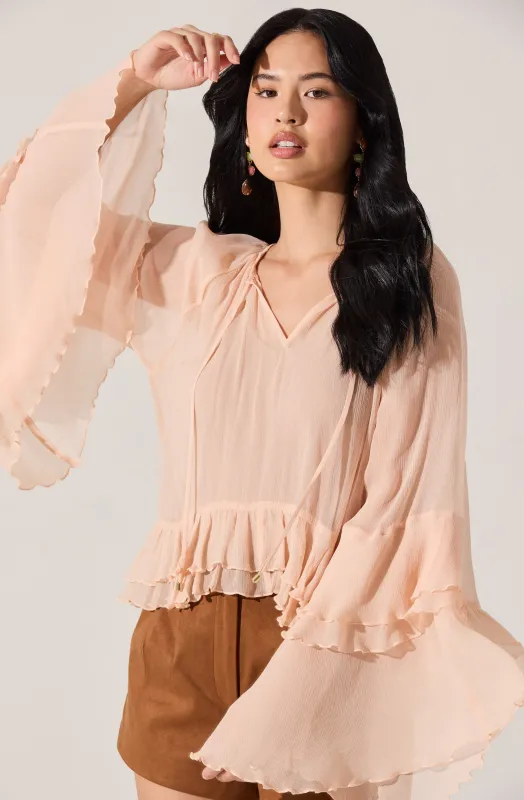 Margaery Sheer Ruffle Peplum Top sold by Astr