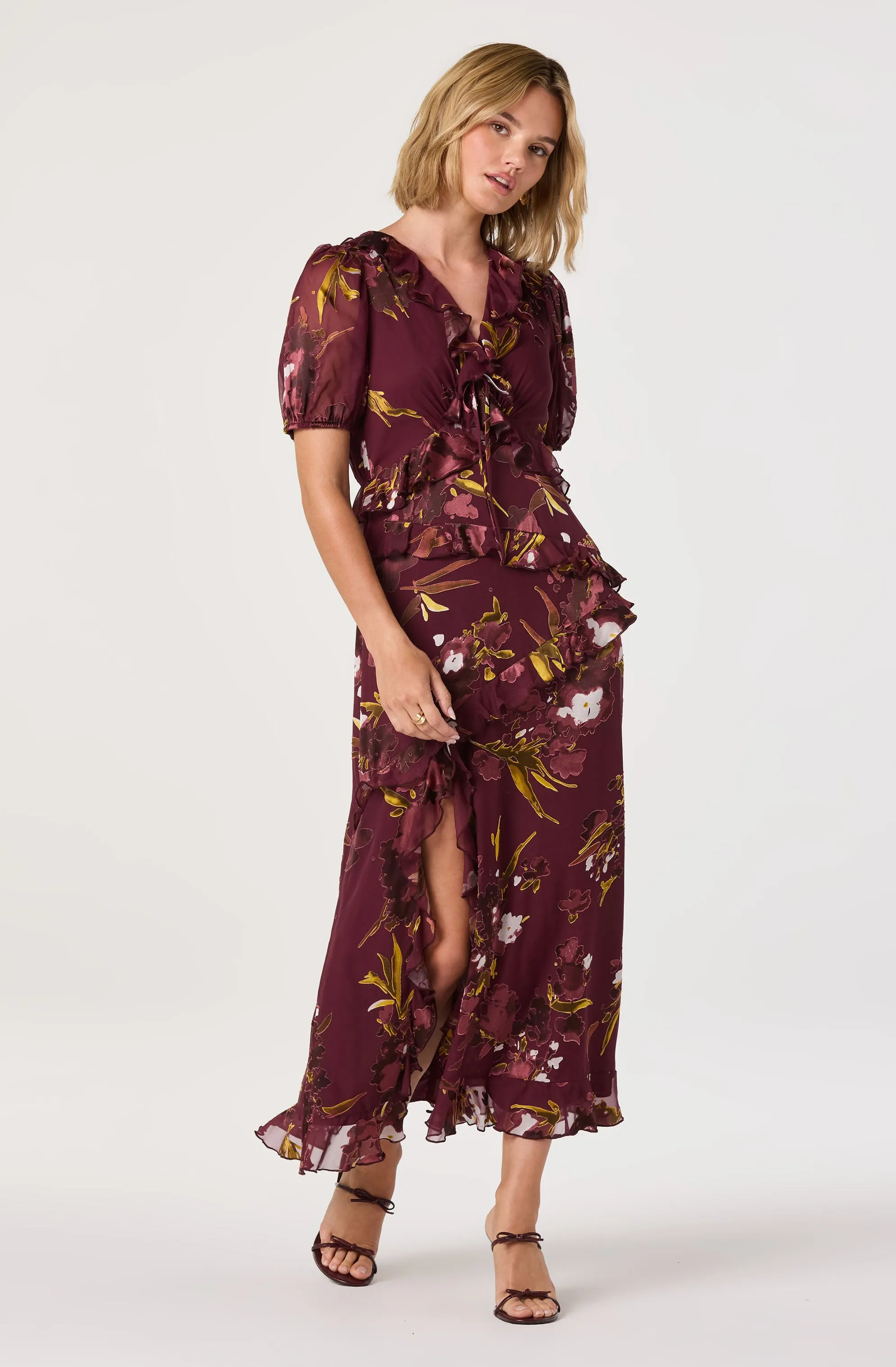 Bennet Floral Ruffle Trim Midi Dress sold by Astr