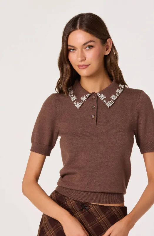 Embellished Collar Short Sleeve Sweater sold by Astr