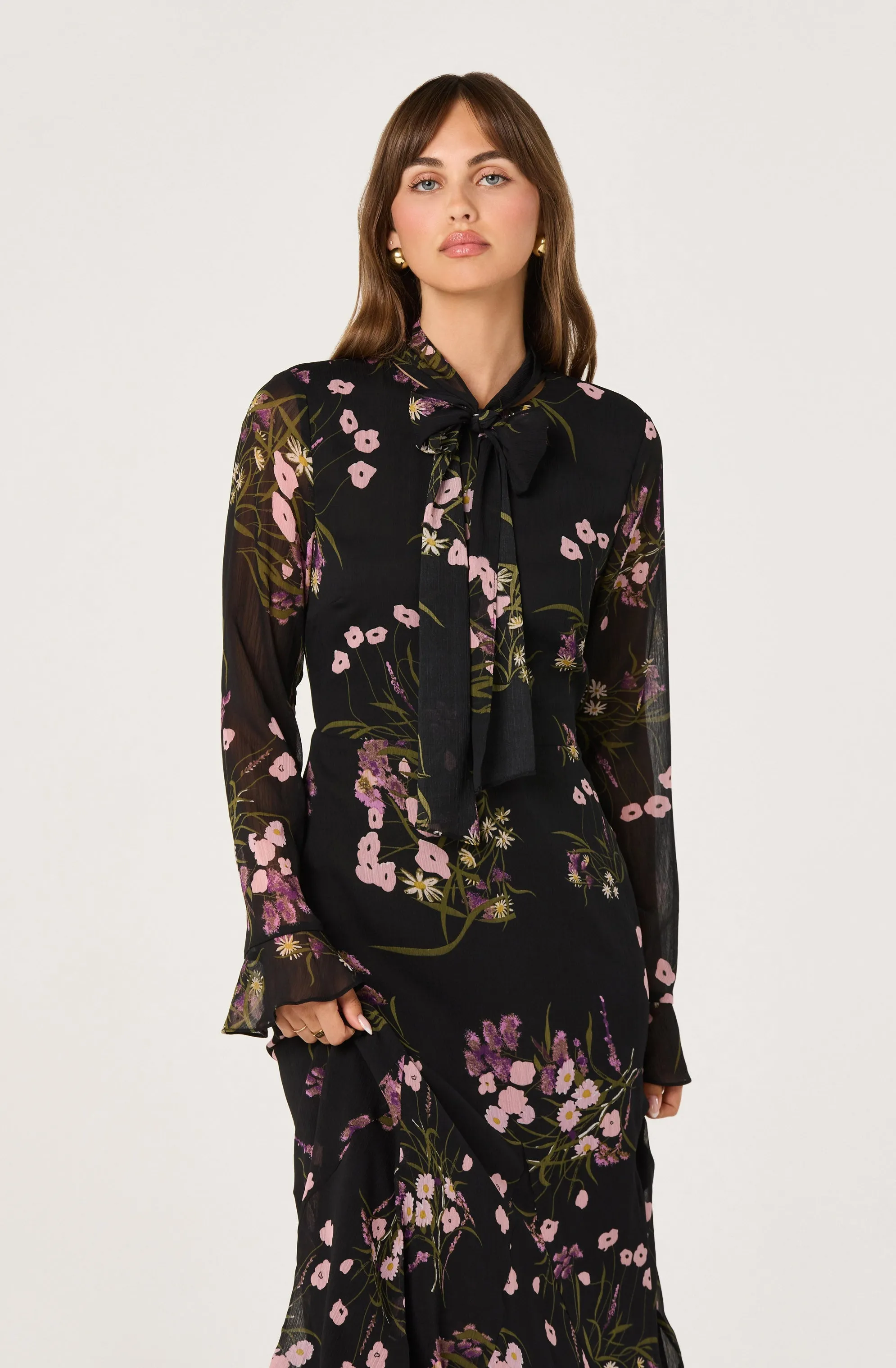 Tie-Neck Ruffled Floral Midi Dress sold by Astr product image thumbnail 3
