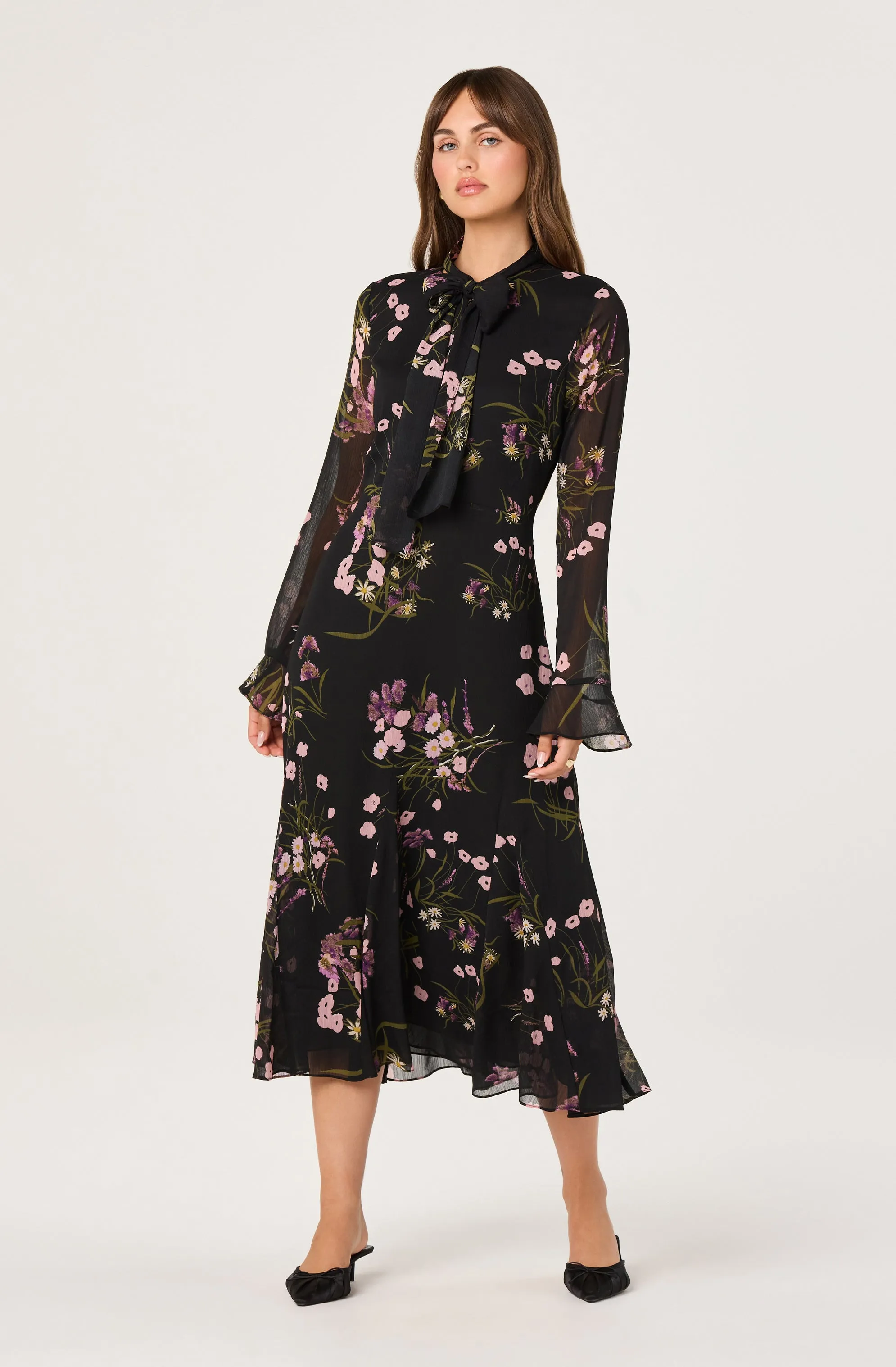 Tie-Neck Ruffled Floral Midi Dress sold by Astr