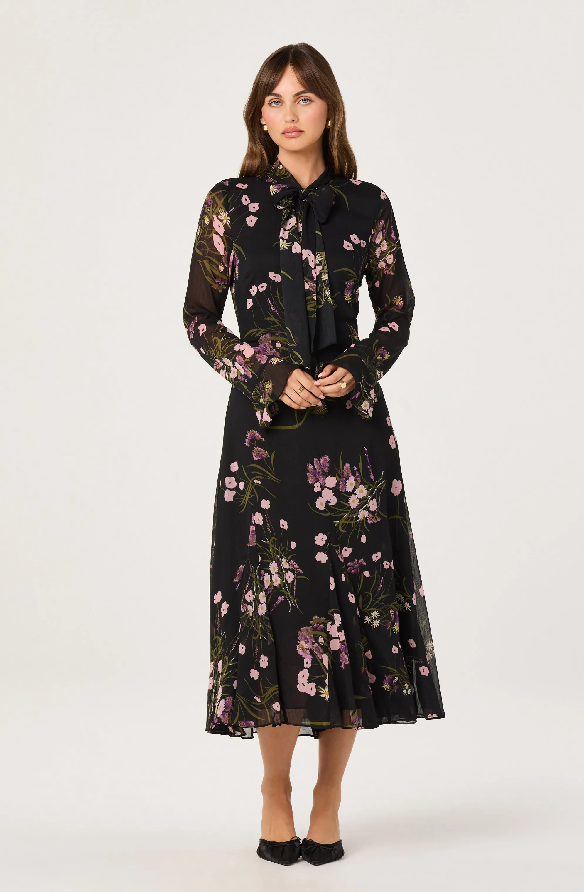 Tie-Neck Ruffled Floral Midi Dress sold by Astr product image thumbnail 5