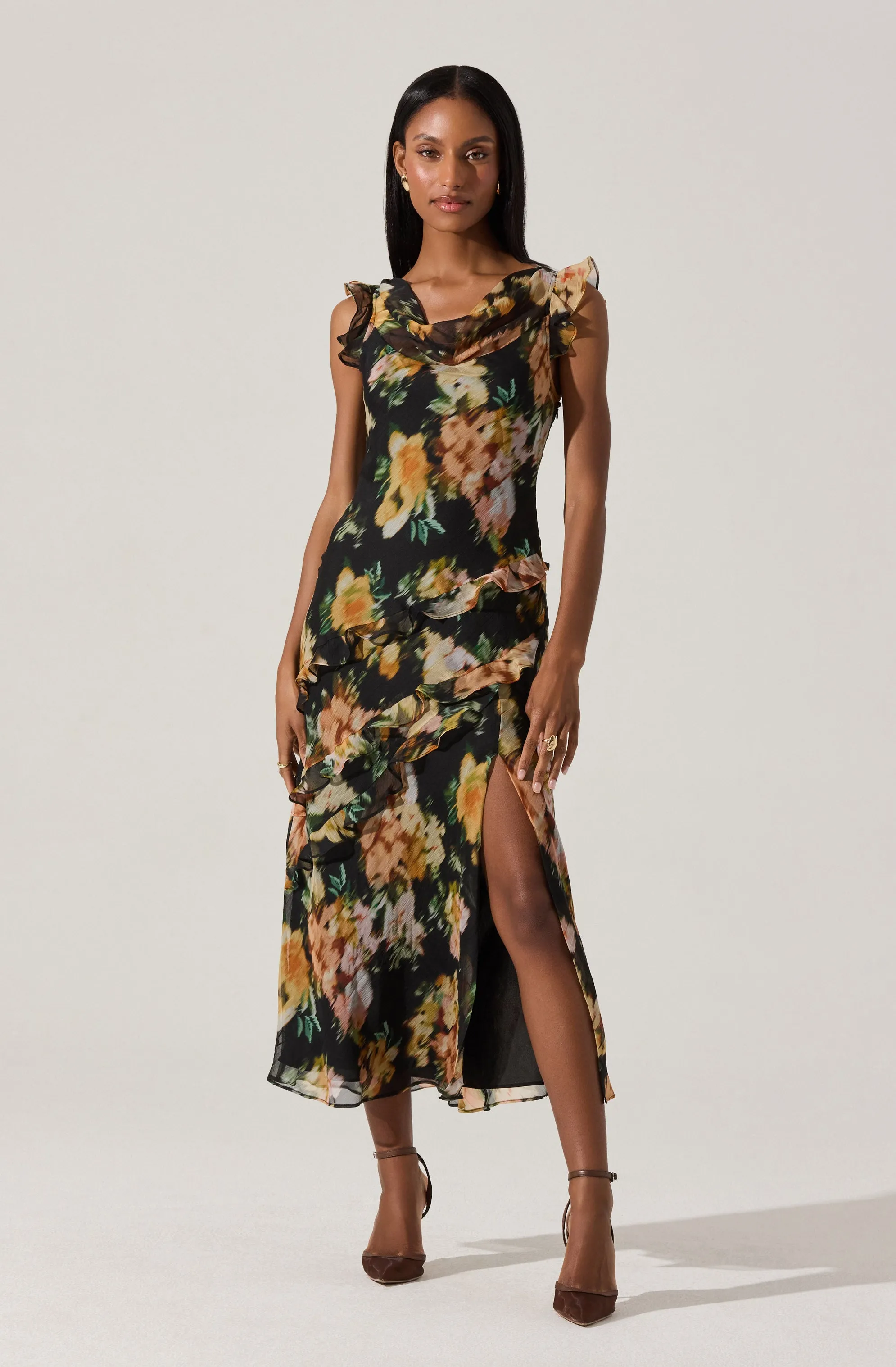 Alinta Floral Ruffle Cowl Neck Midi Dress sold by Astr