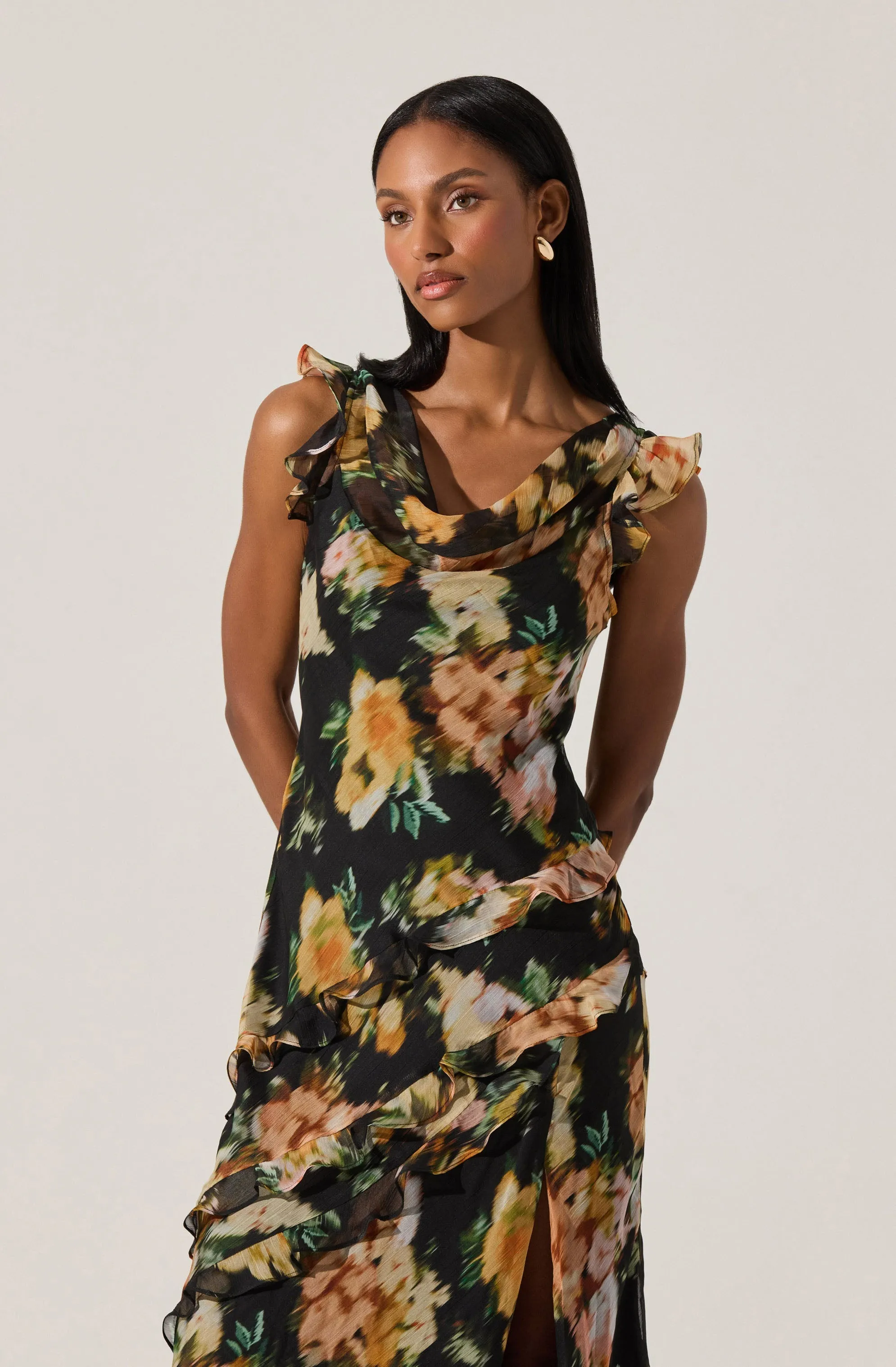 Alinta Floral Ruffle Cowl Neck Midi Dress sold by Astr product image thumbnail 3