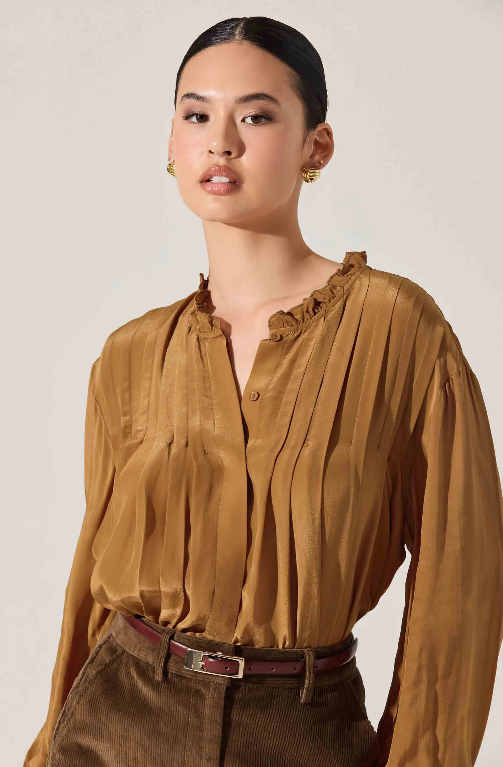 Ashton Pleated Ruffle Trim Top sold by Astr