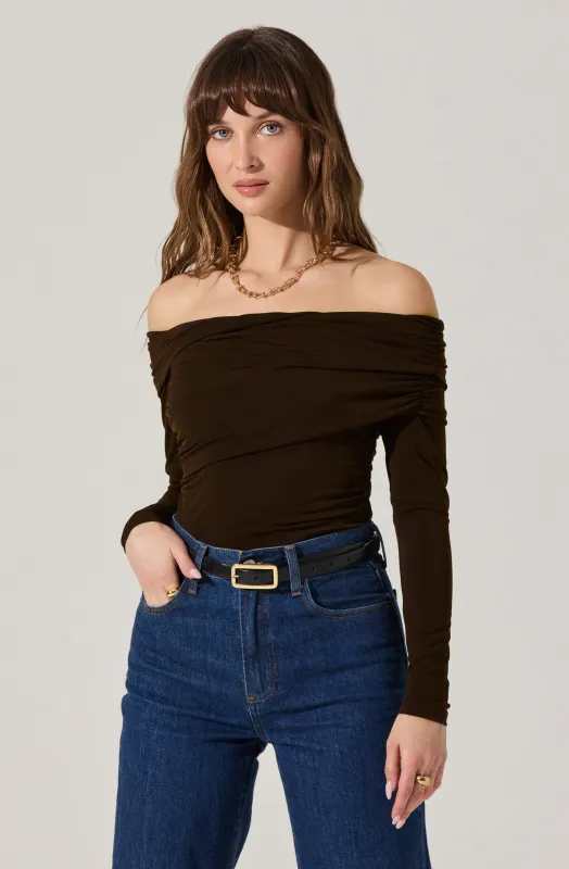 Datia Ruched Off Shoulder Top sold by Astr