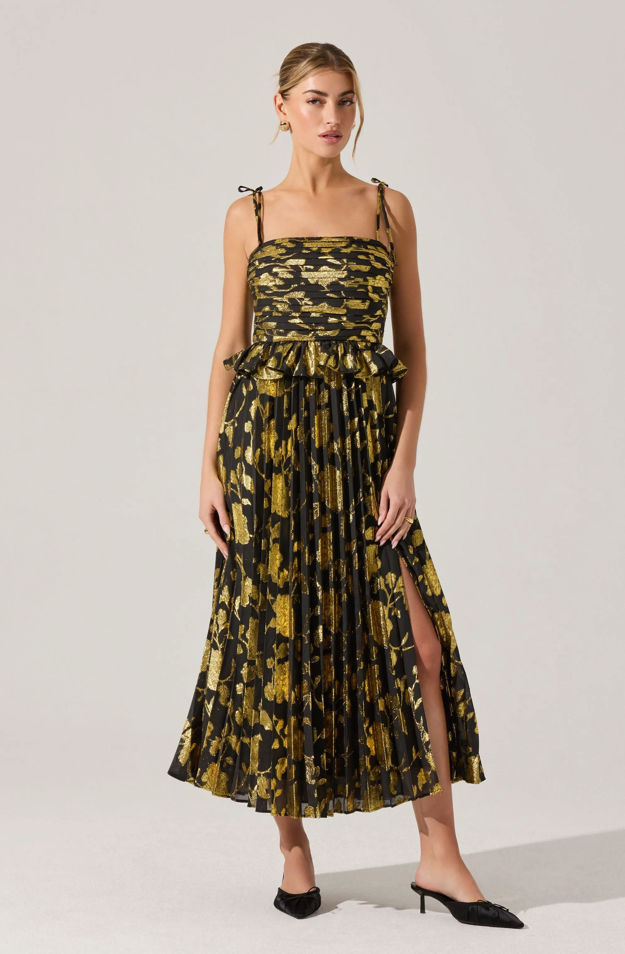 Emerys Pleated Metallic Floral Maxi Dress sold by Astr