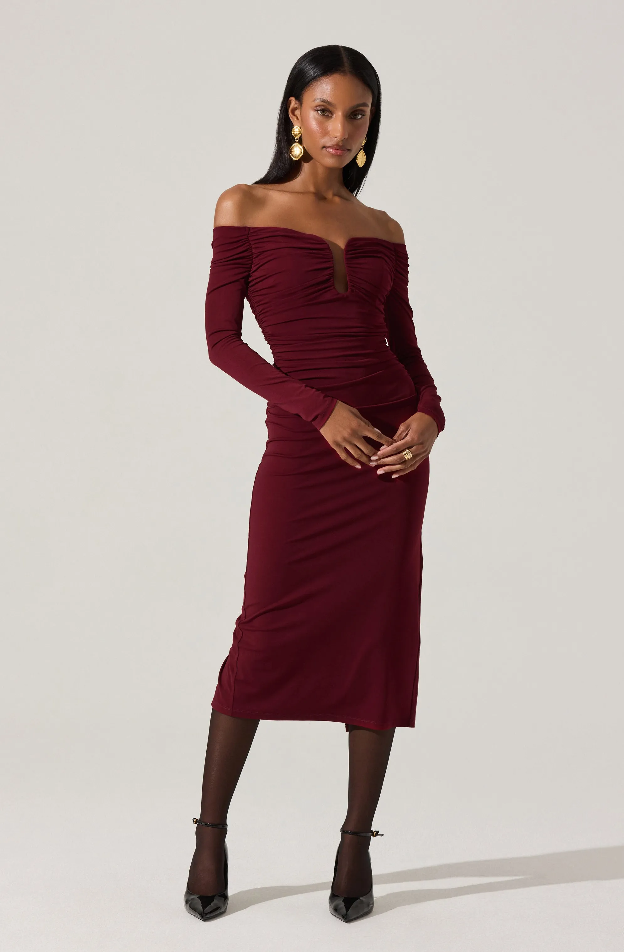 Lovinia Ruched Off Shoulder Midi Dress sold by Astr