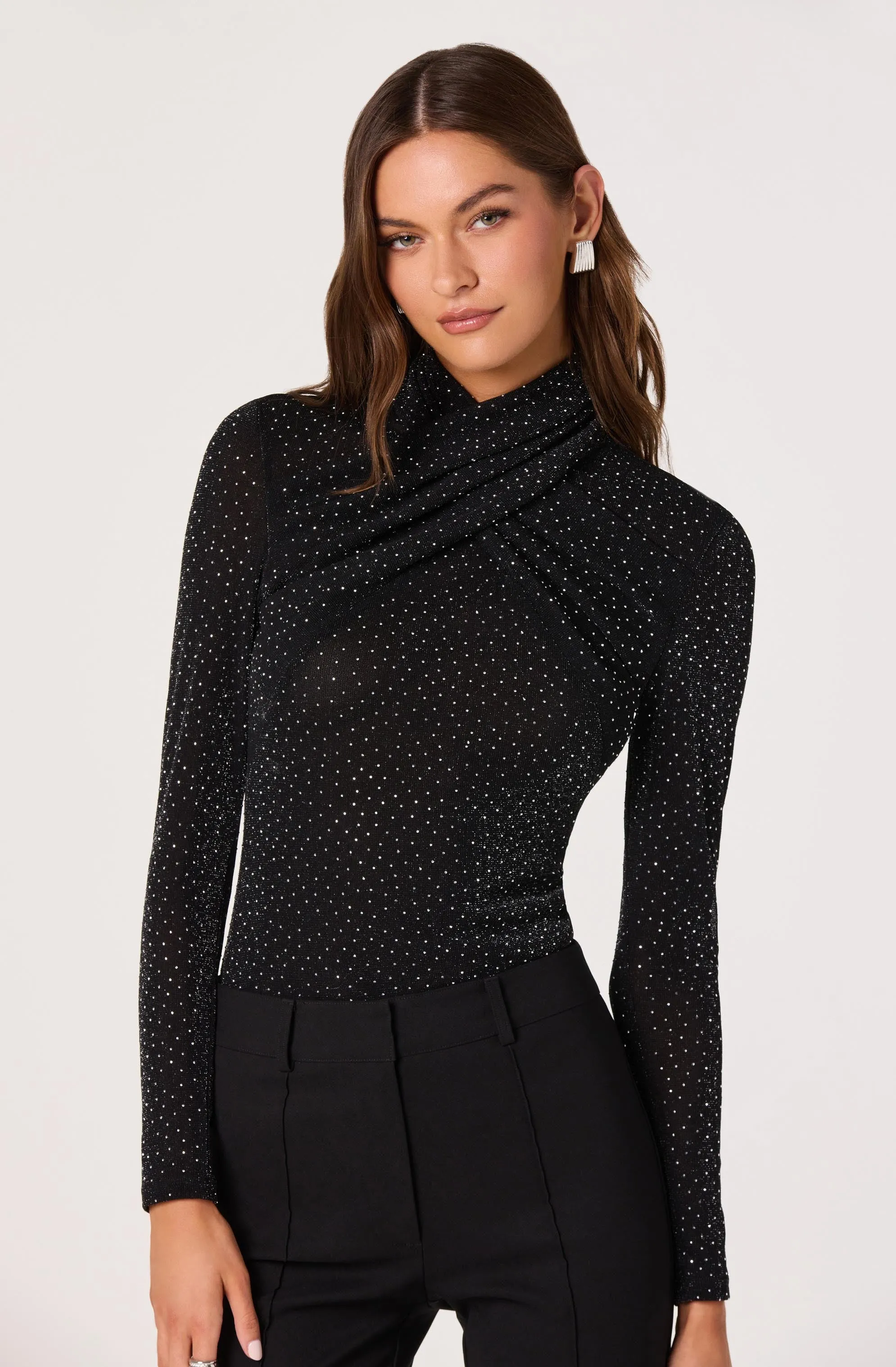 Embellished Crossover Mock Neck Top sold by Astr