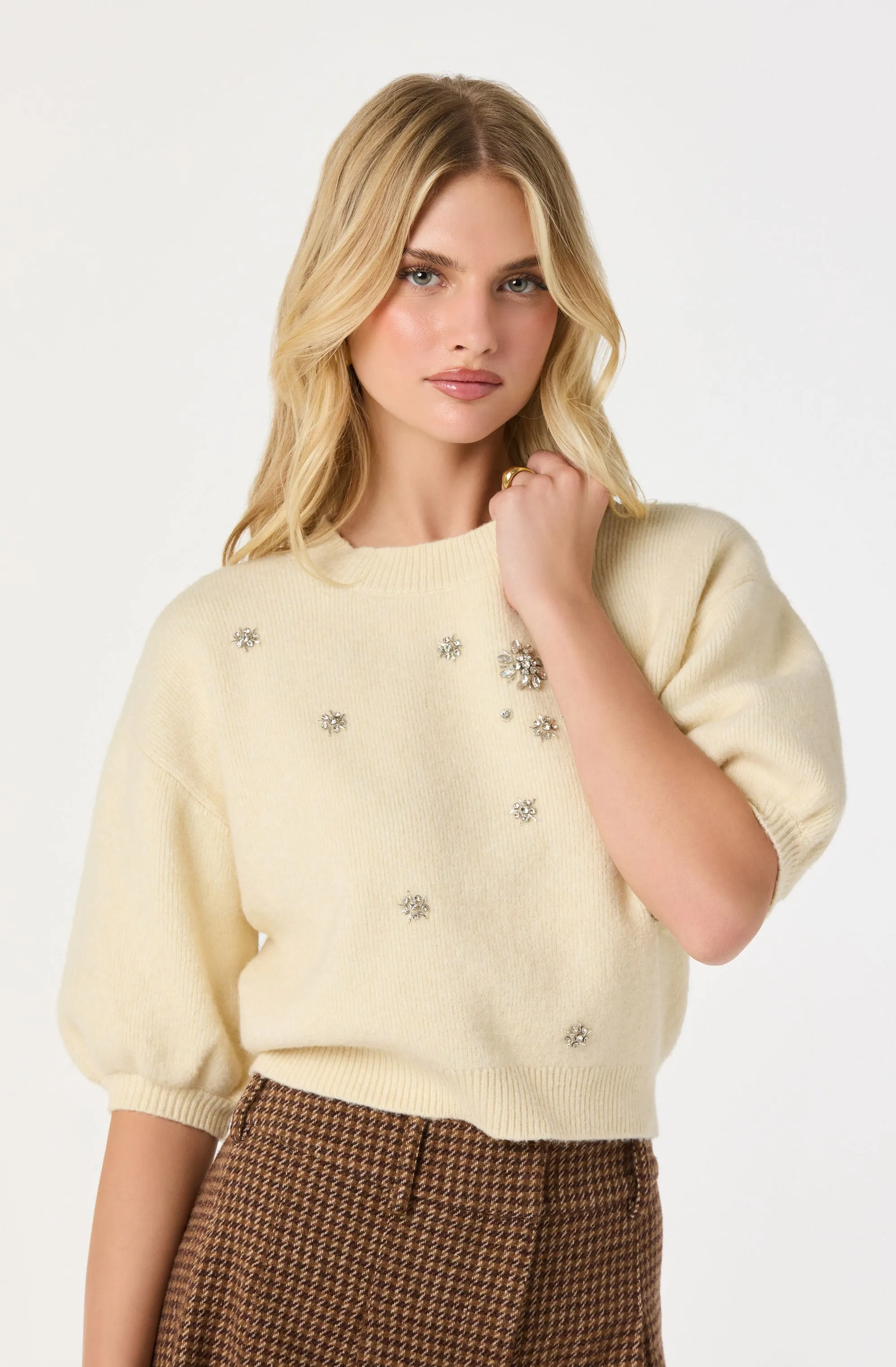 Jewel Embellished Puff Sleeve Sweater sold by Astr