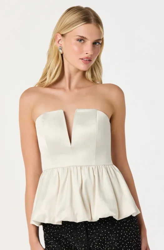 Satin Strapless Plunge Peplum Top sold by Astr