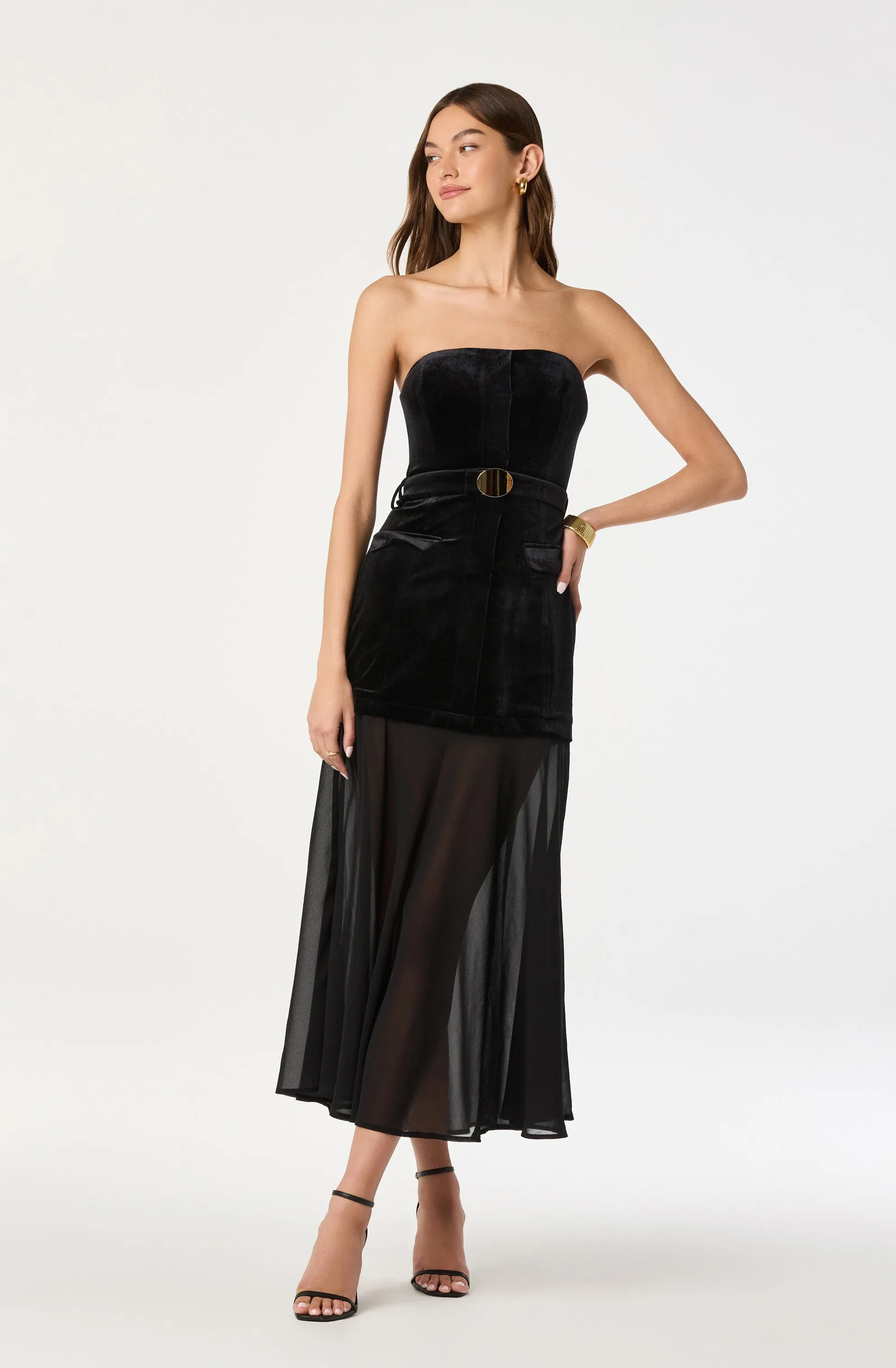 Strapless Contrast Velvet Belted Dress sold by Astr