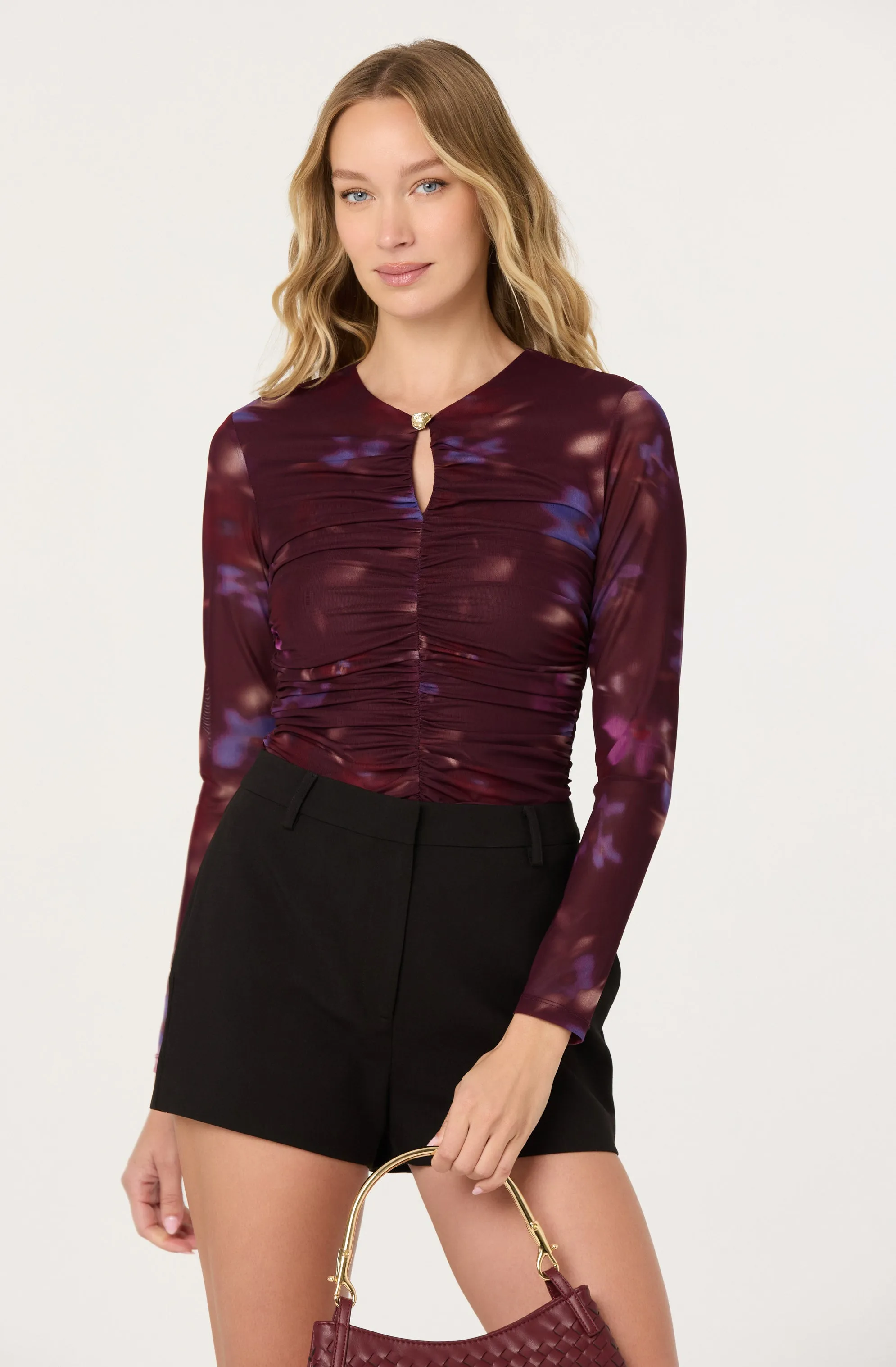 Yasmine Floral Mesh Ruched Top sold by Astr