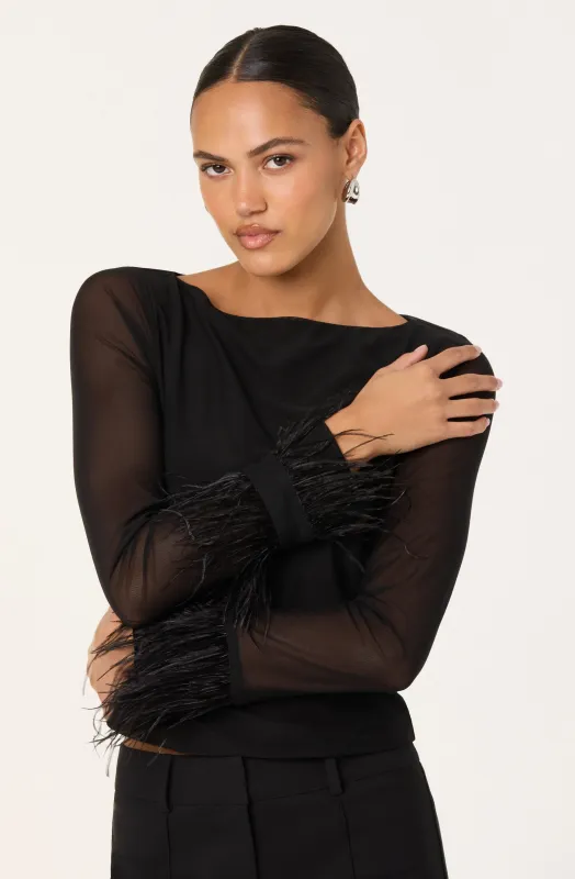 Brisa Mesh Feather Trim Top sold by Astr