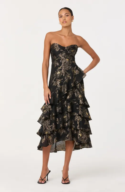 Marysia Strapless Metallic Floral Midi Dress sold by Astr
