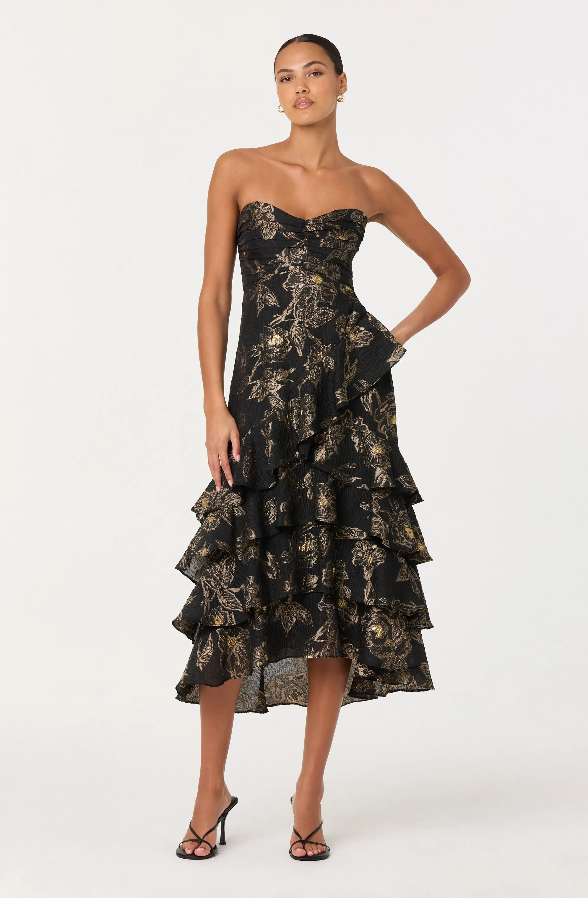 Marysia Strapless Metallic Floral Midi Dress sold by Astr