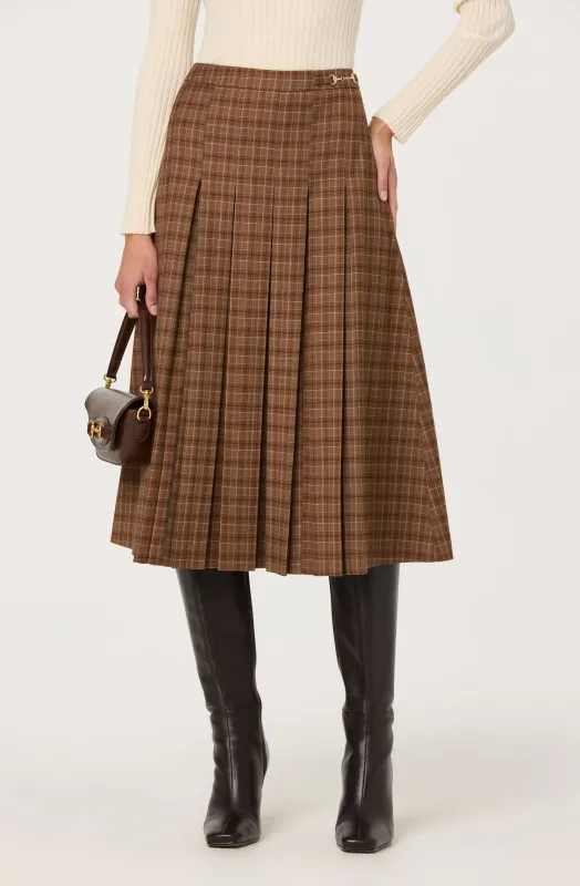 Vena Pleated Plaid Midi Skirt sold by Astr