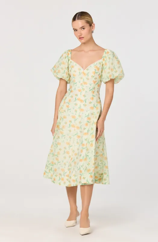 Mayra Floral Plissé Puff Sleeve Midi Dress sold by Astr